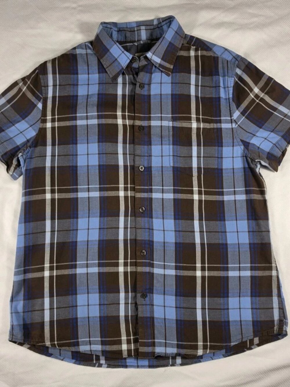 Mossimo Supply Co Shirt Men's L Short Sleeve Button Down Brown Blue Plaid EUC